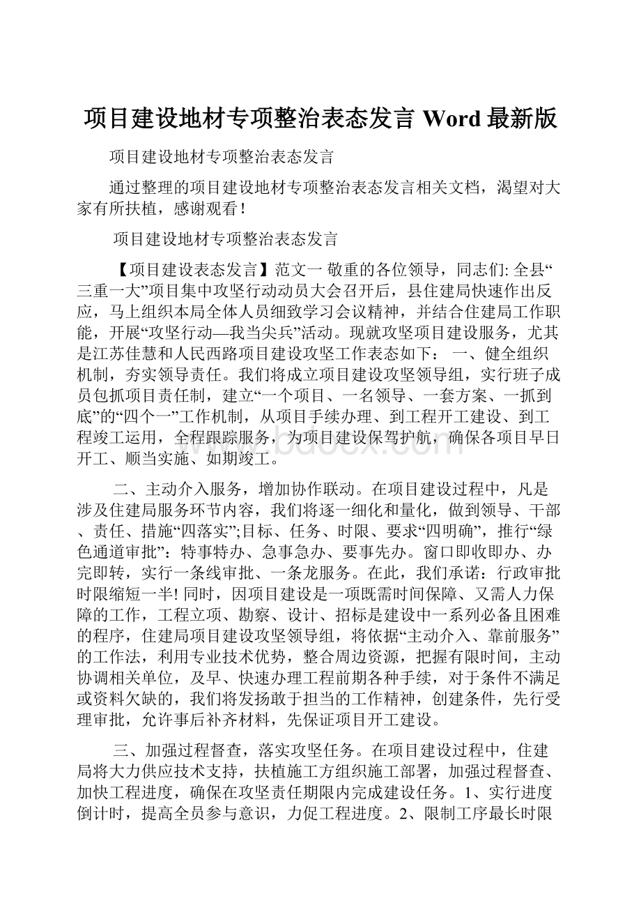 项目建设地材专项整治表态发言Word最新版.docx