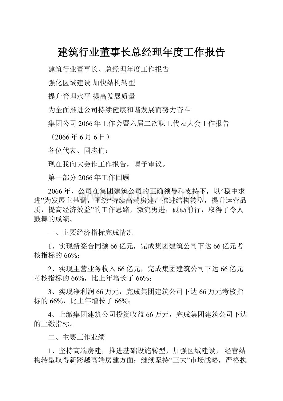 建筑行业董事长总经理年度工作报告.docx