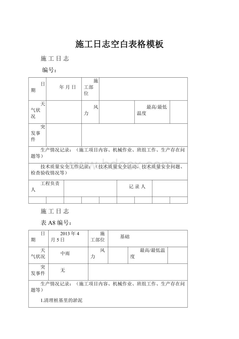 施工日志空白表格模板.docx_第1页