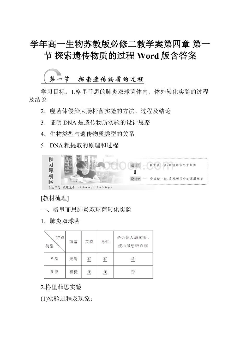 学年高一生物苏教版必修二教学案第四章 第一节 探索遗传物质的过程 Word版含答案.docx_第1页