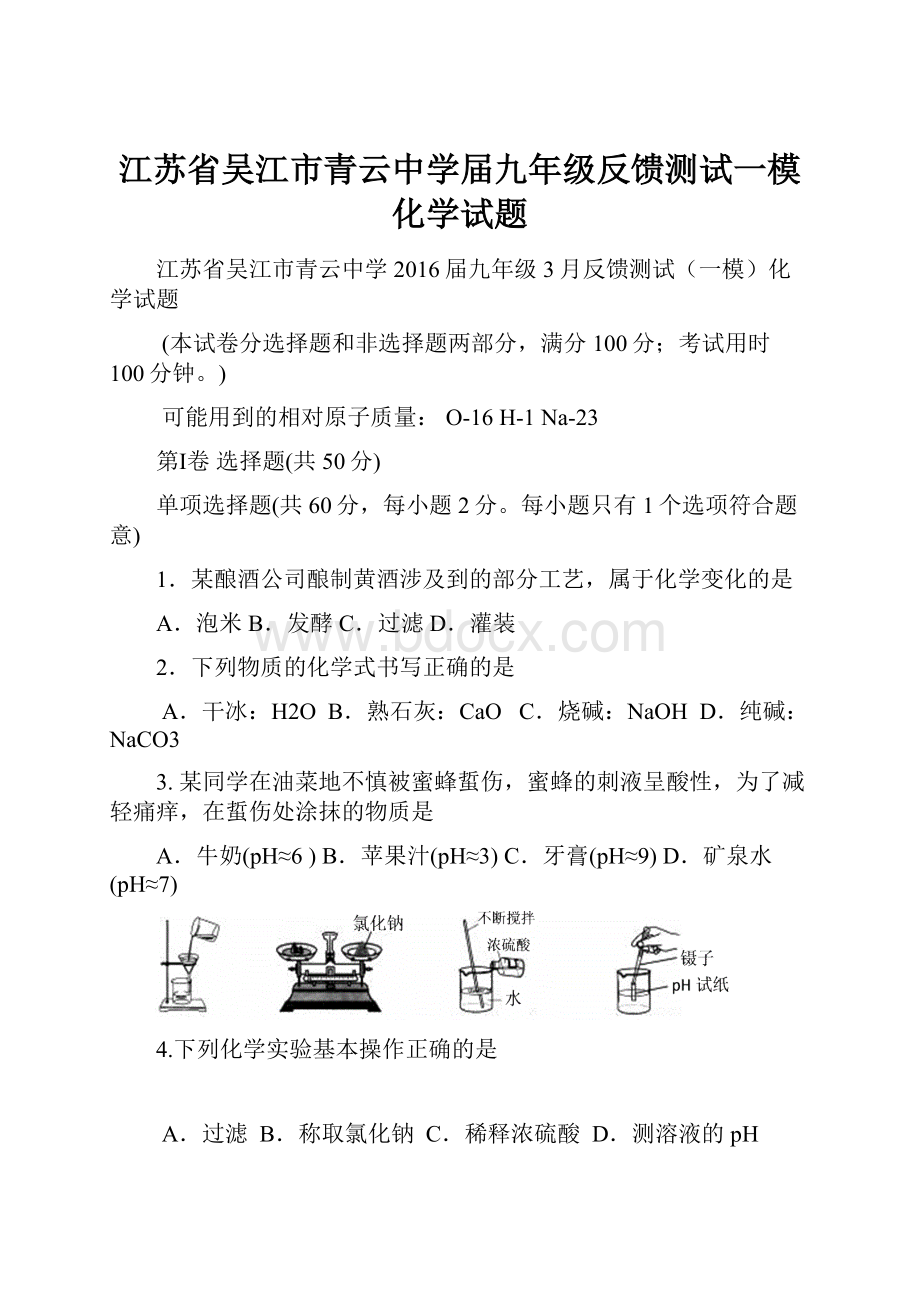 江苏省吴江市青云中学届九年级反馈测试一模化学试题.docx