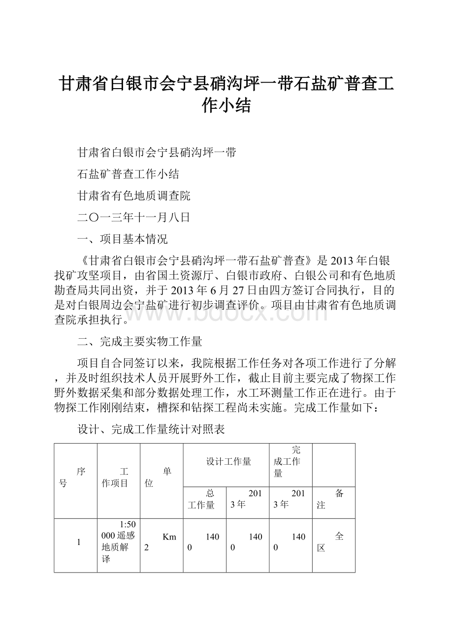 甘肃省白银市会宁县硝沟坪一带石盐矿普查工作小结.docx_第1页