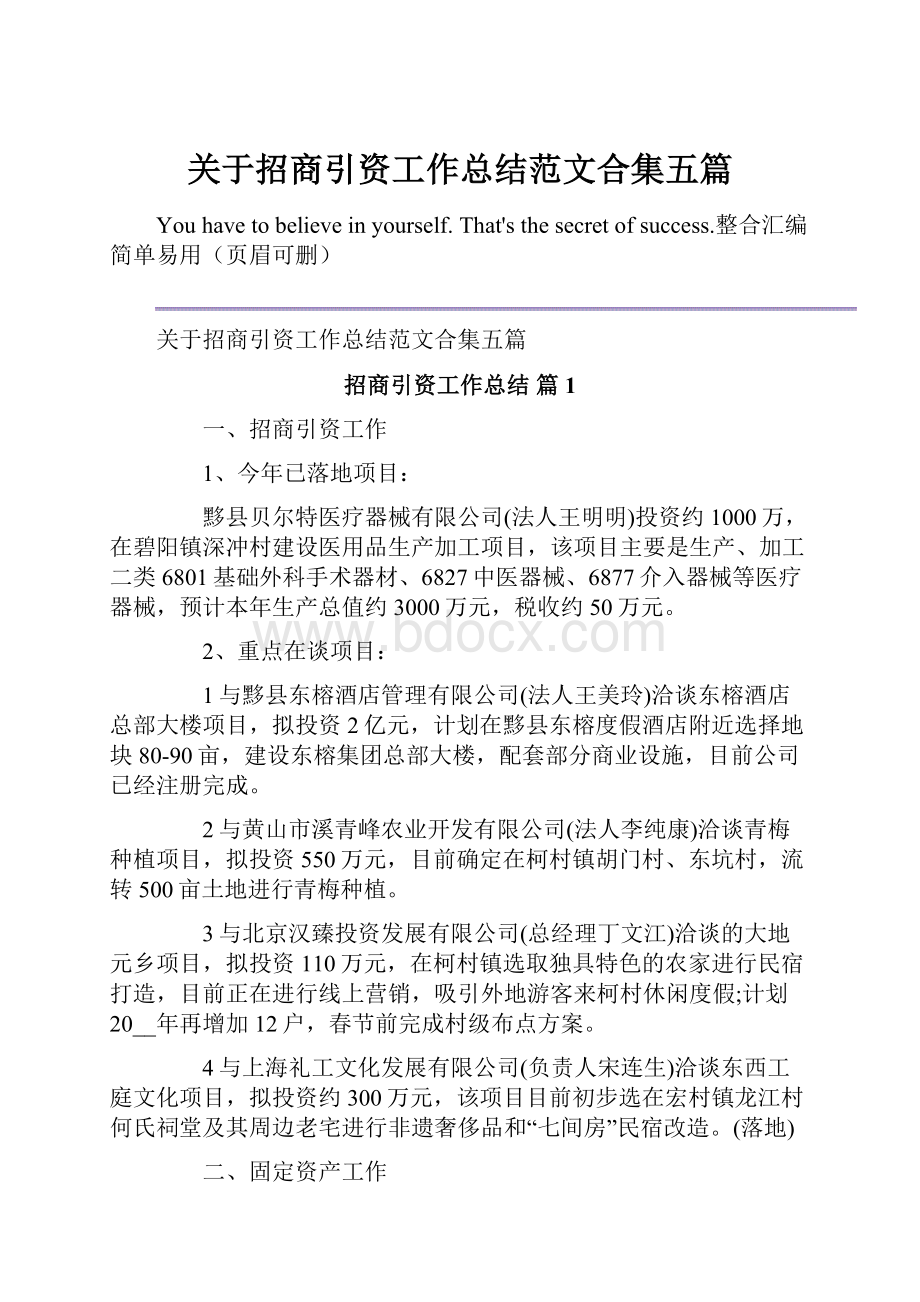 关于招商引资工作总结范文合集五篇.docx