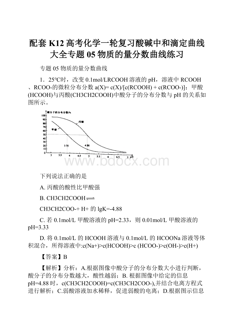 配套K12高考化学一轮复习酸碱中和滴定曲线大全专题05物质的量分数曲线练习.docx