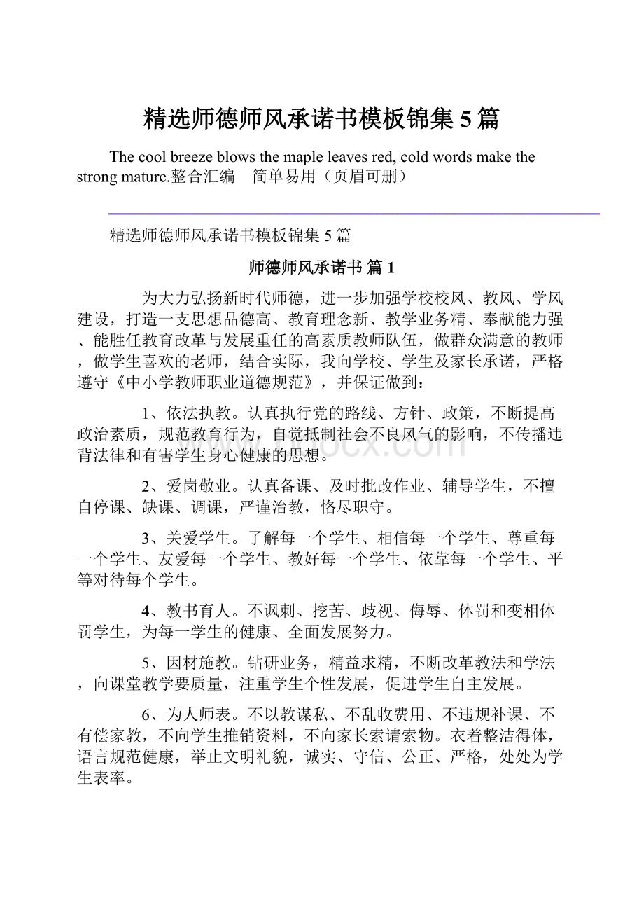 精选师德师风承诺书模板锦集5篇.docx