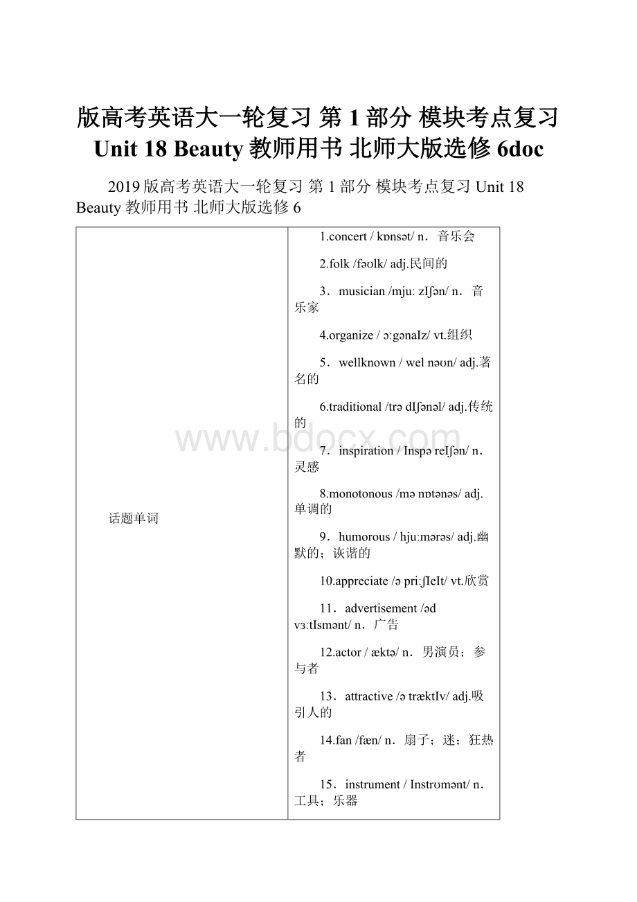 版高考英语大一轮复习 第1部分 模块考点复习 Unit 18 Beauty教师用书 北师大版选修6doc.docx