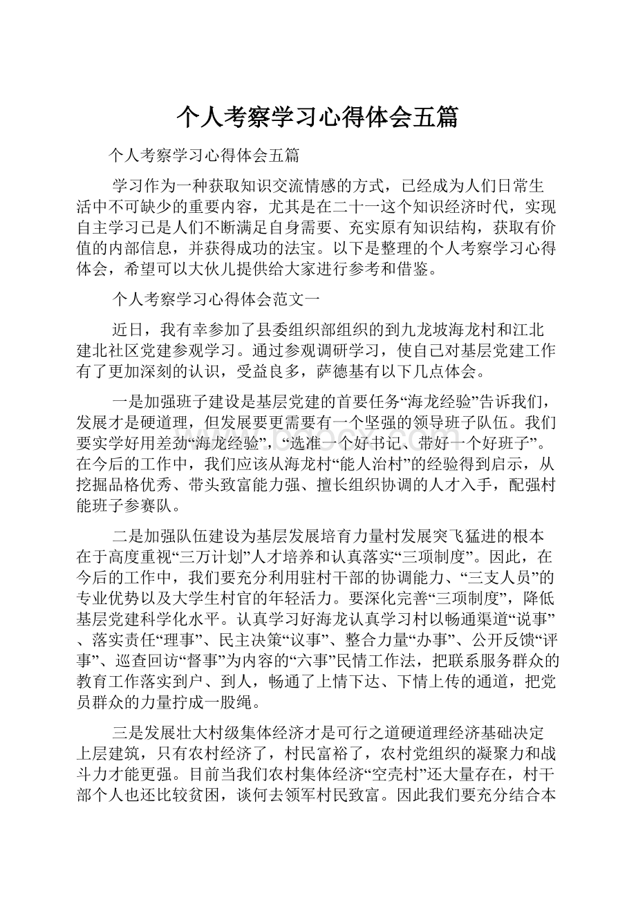 个人考察学习心得体会五篇.docx_第1页