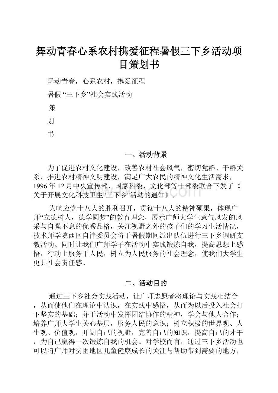 舞动青春心系农村携爱征程暑假三下乡活动项目策划书.docx