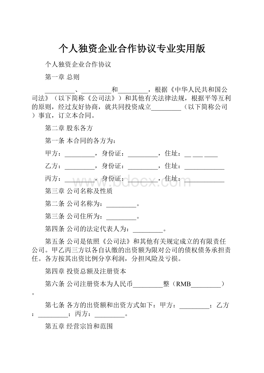 个人独资企业合作协议专业实用版.docx