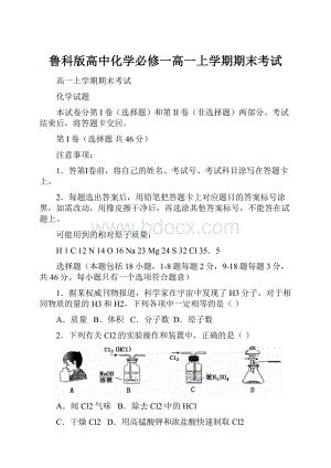 鲁科版高中化学必修一高一上学期期末考试.docx