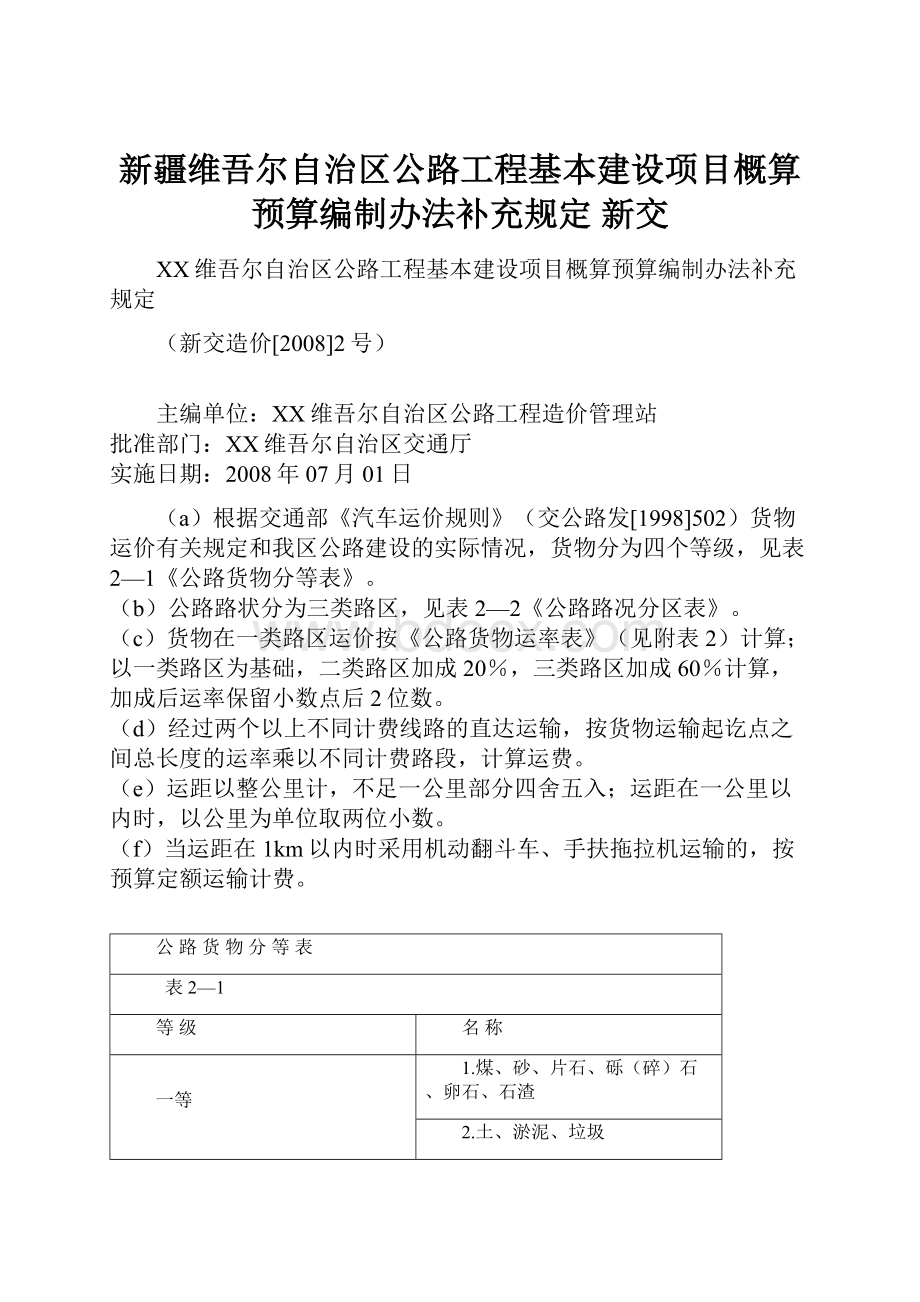 新疆维吾尔自治区公路工程基本建设项目概算预算编制办法补充规定 新交.docx_第1页