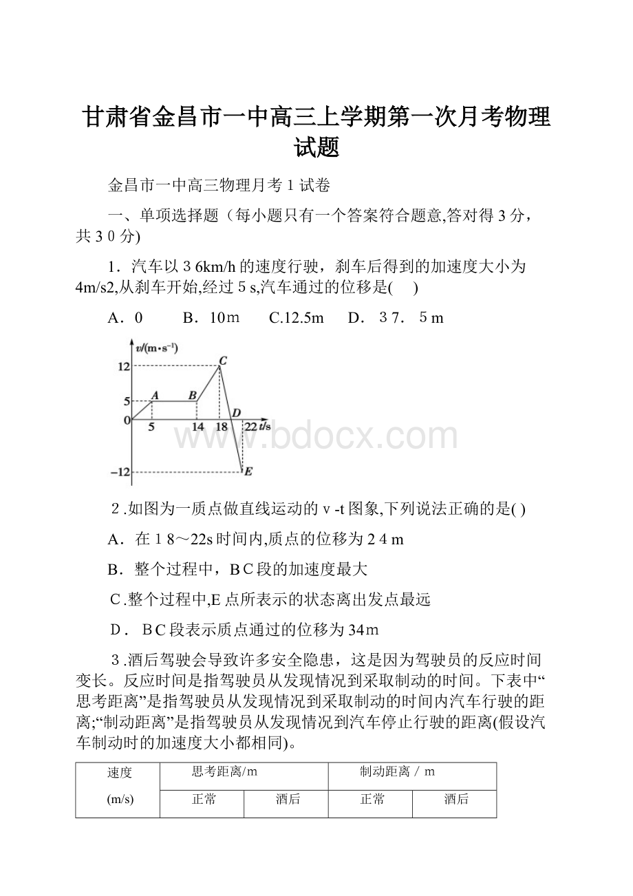 甘肃省金昌市一中高三上学期第一次月考物理试题.docx