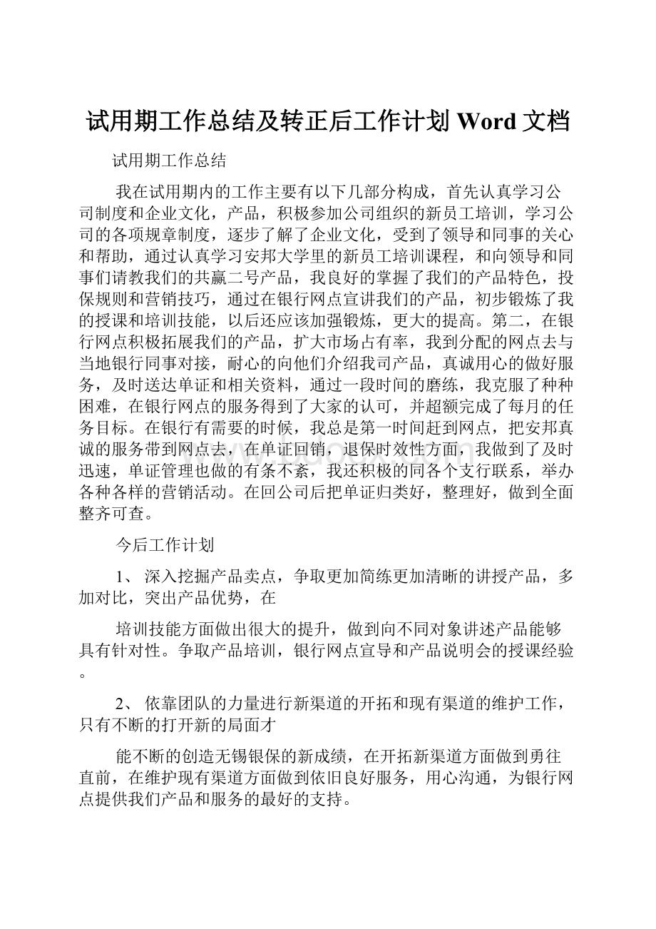 试用期工作总结及转正后工作计划Word文档.docx