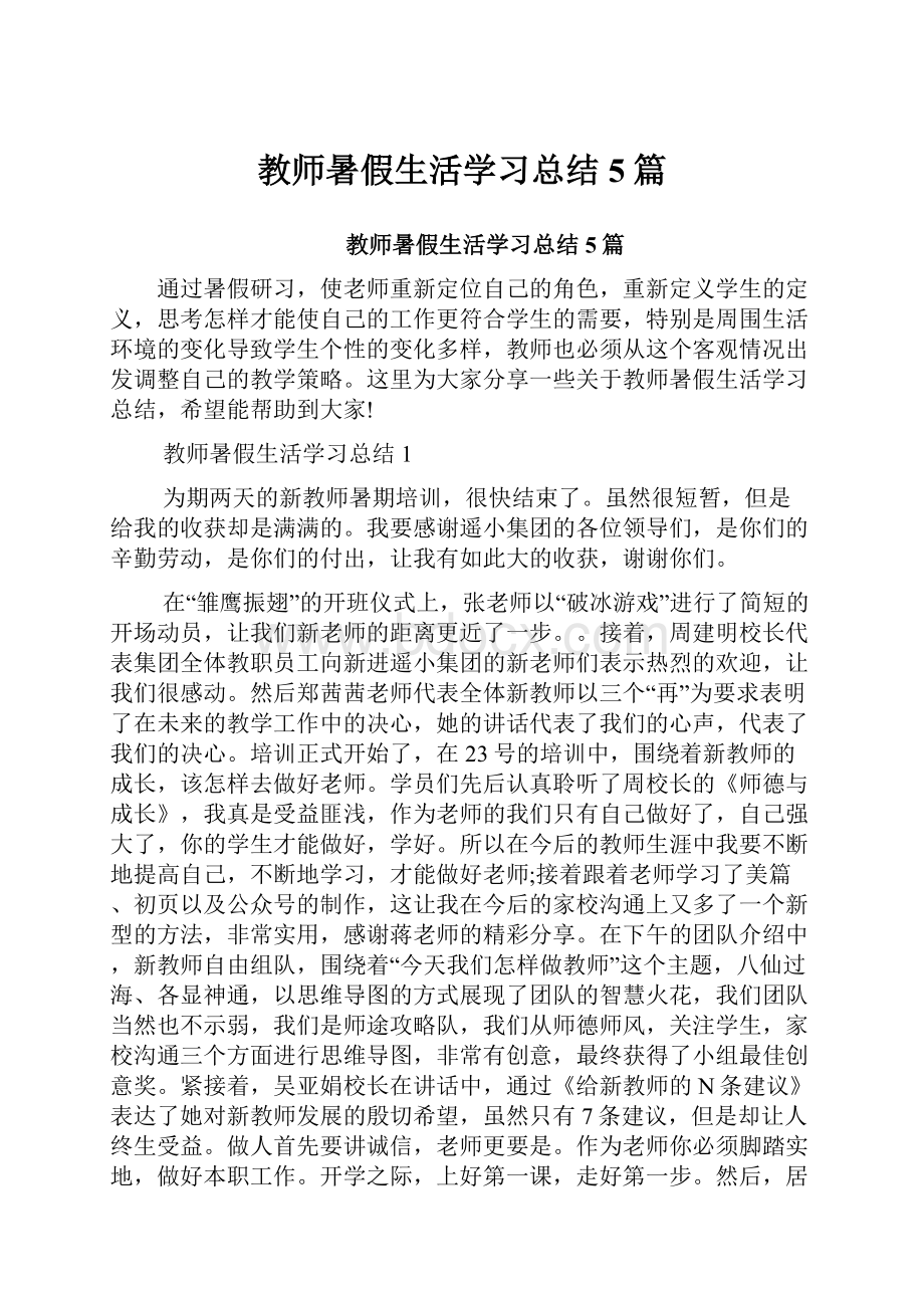 教师暑假生活学习总结5篇.docx