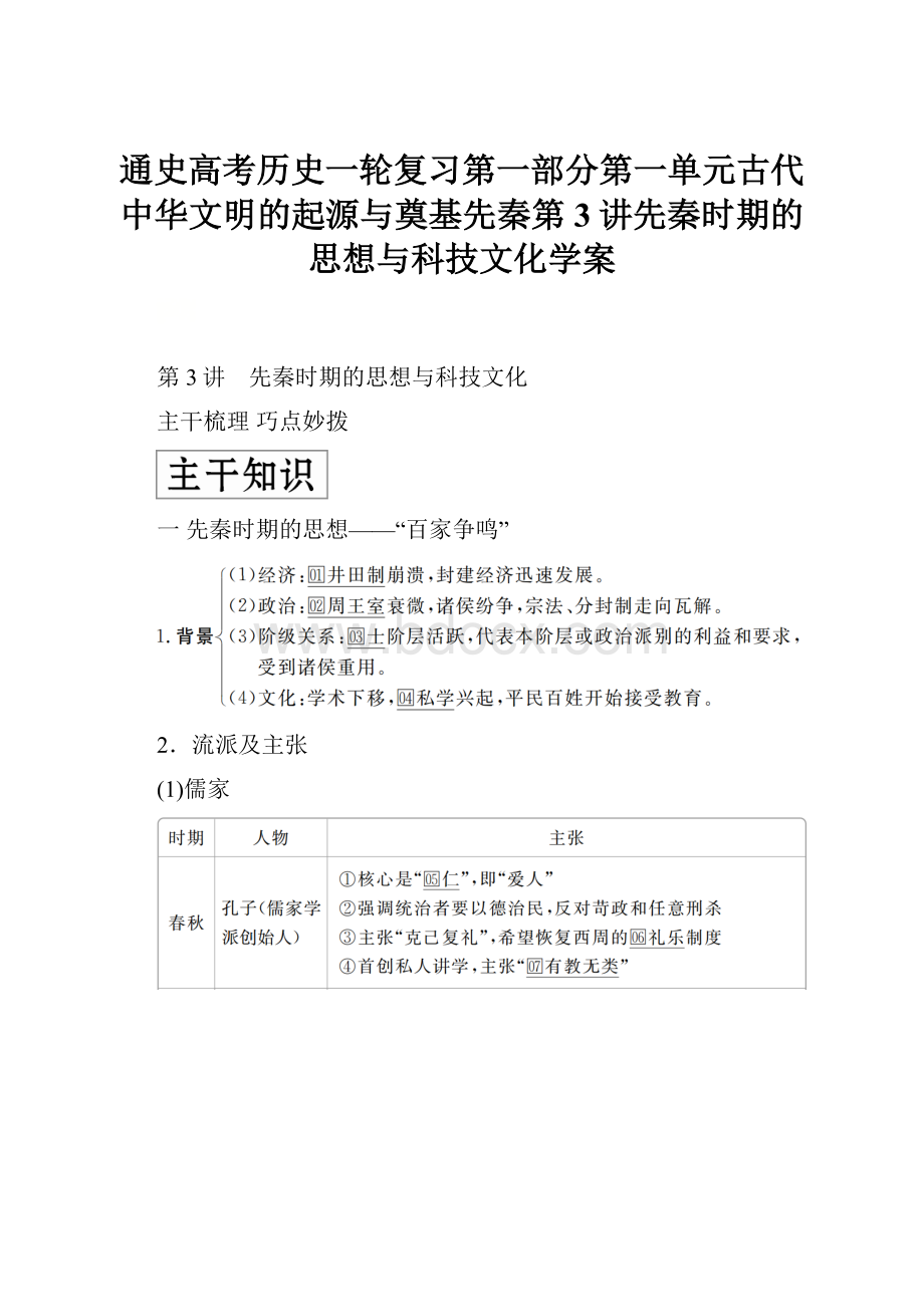 通史高考历史一轮复习第一部分第一单元古代中华文明的起源与奠基先秦第3讲先秦时期的思想与科技文化学案.docx