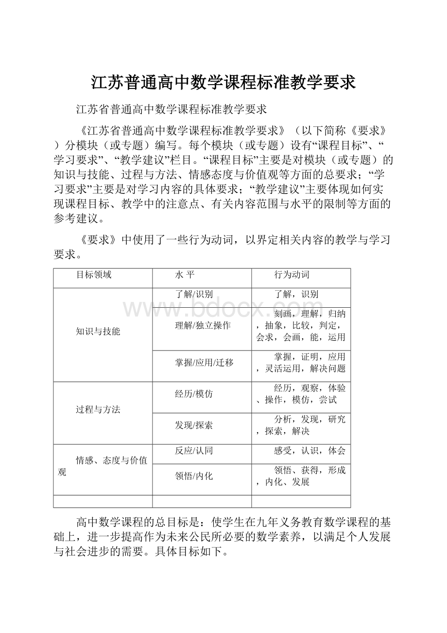 江苏普通高中数学课程标准教学要求.docx