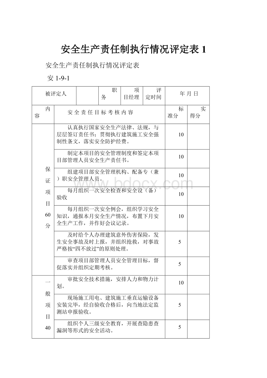 安全生产责任制执行情况评定表 1.docx_第1页