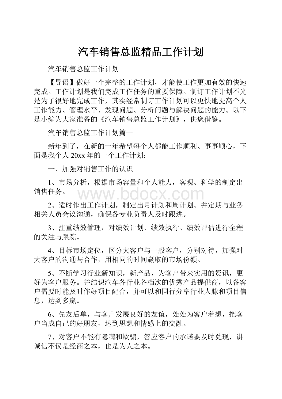 汽车销售总监精品工作计划.docx