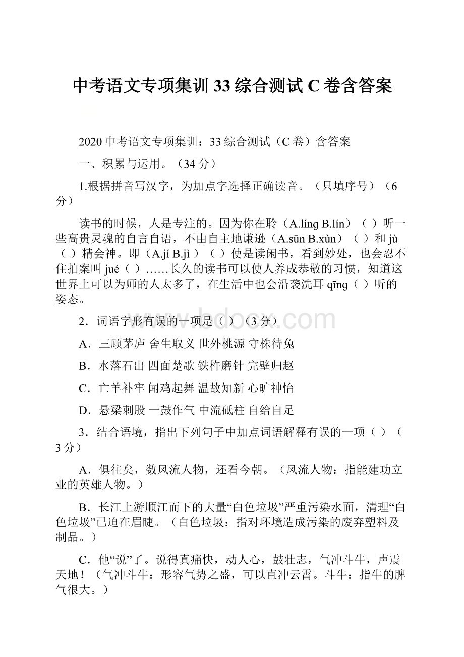 中考语文专项集训33综合测试C卷含答案.docx