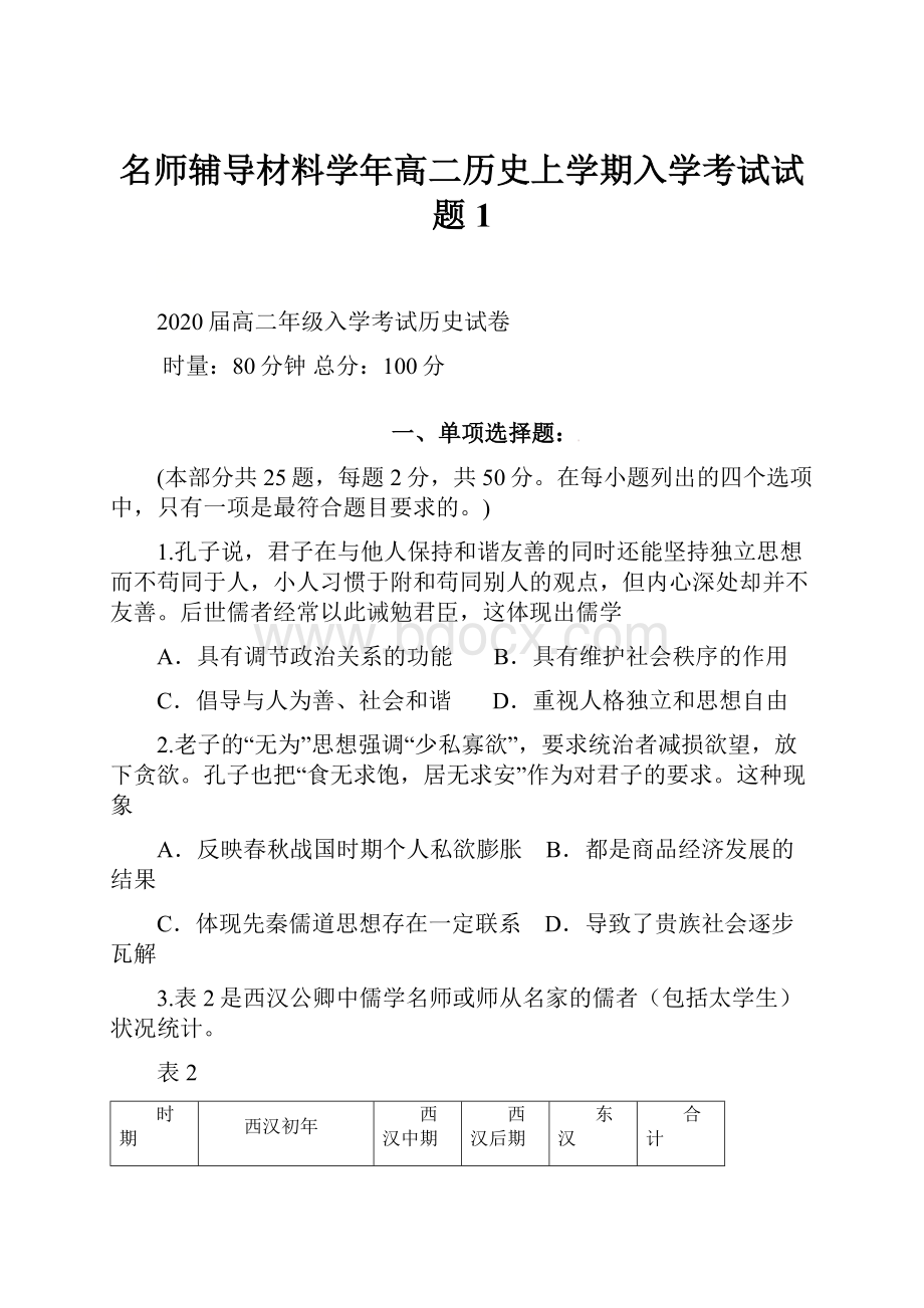 名师辅导材料学年高二历史上学期入学考试试题1.docx