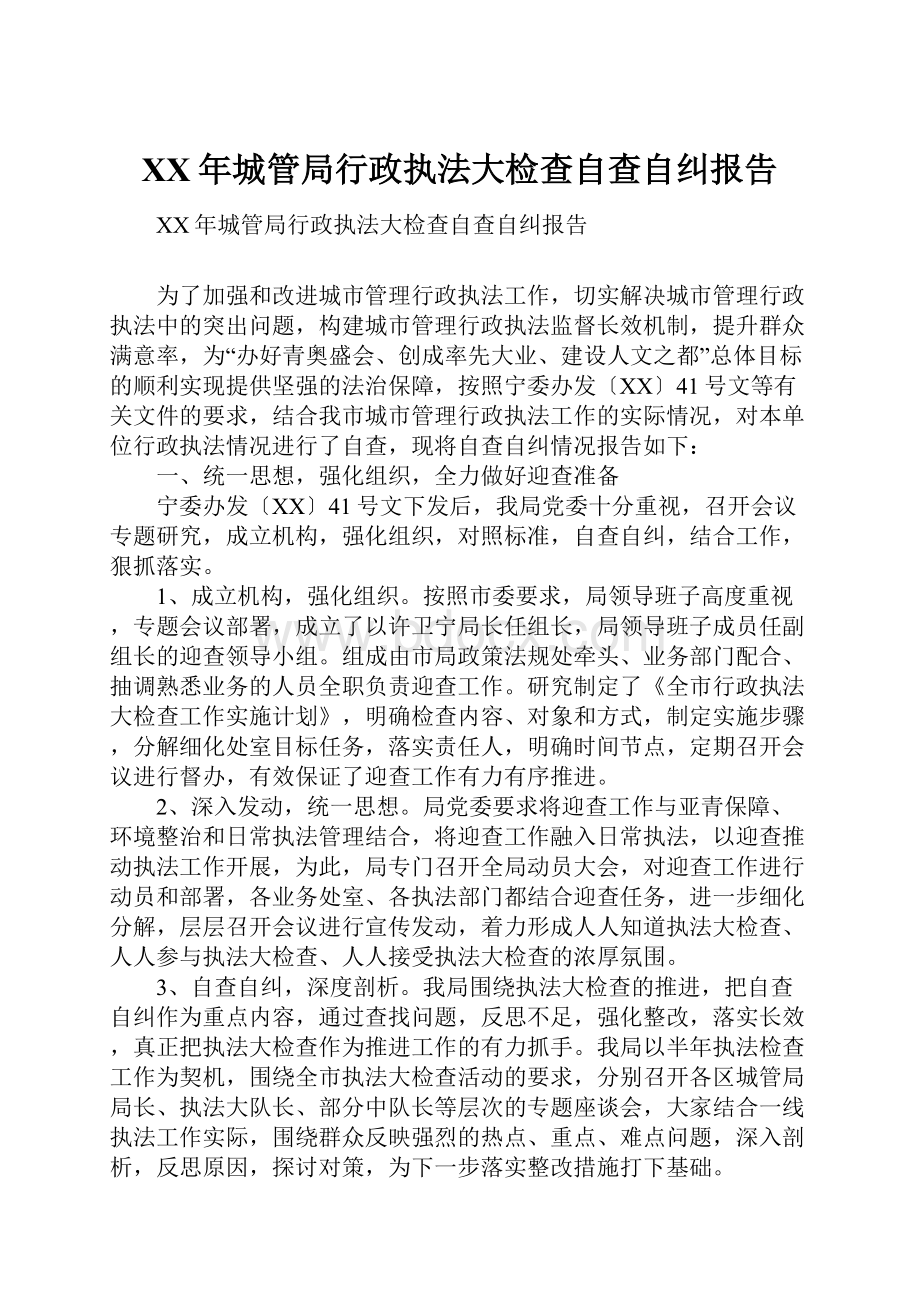 XX年城管局行政执法大检查自查自纠报告.docx