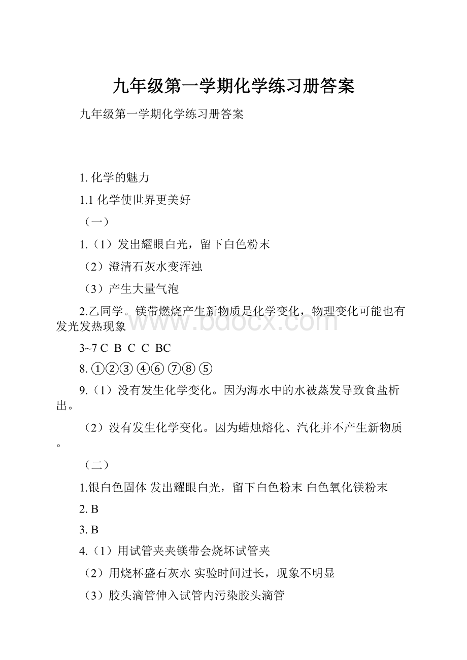 九年级第一学期化学练习册答案.docx