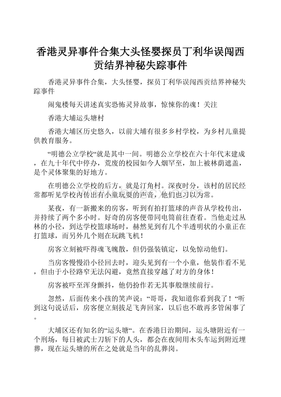 香港灵异事件合集大头怪婴探员丁利华误闯西贡结界神秘失踪事件.docx