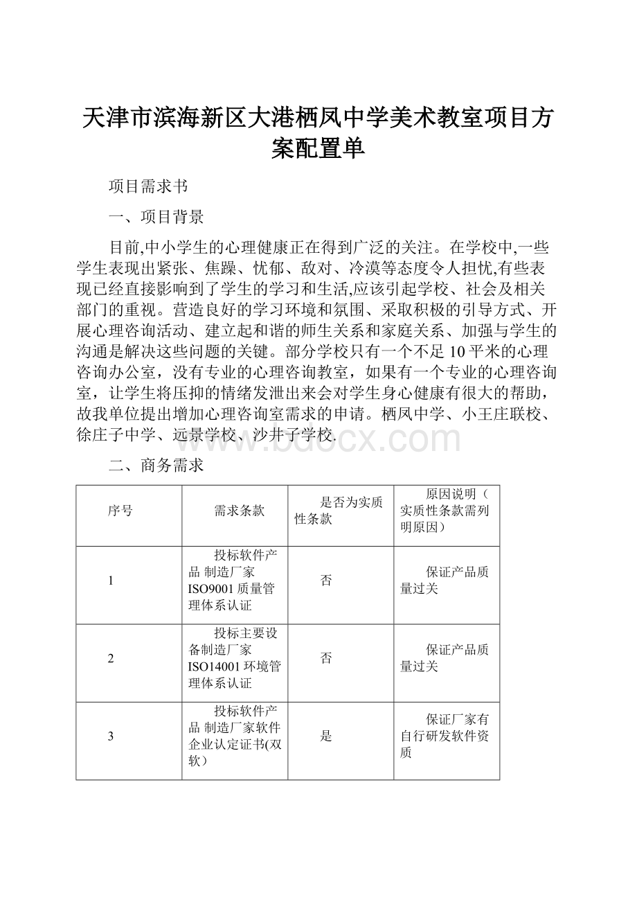 天津市滨海新区大港栖凤中学美术教室项目方案配置单.docx