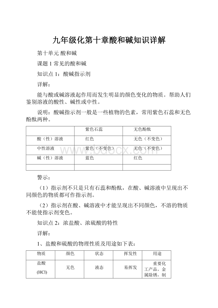 九年级化第十章酸和碱知识详解.docx