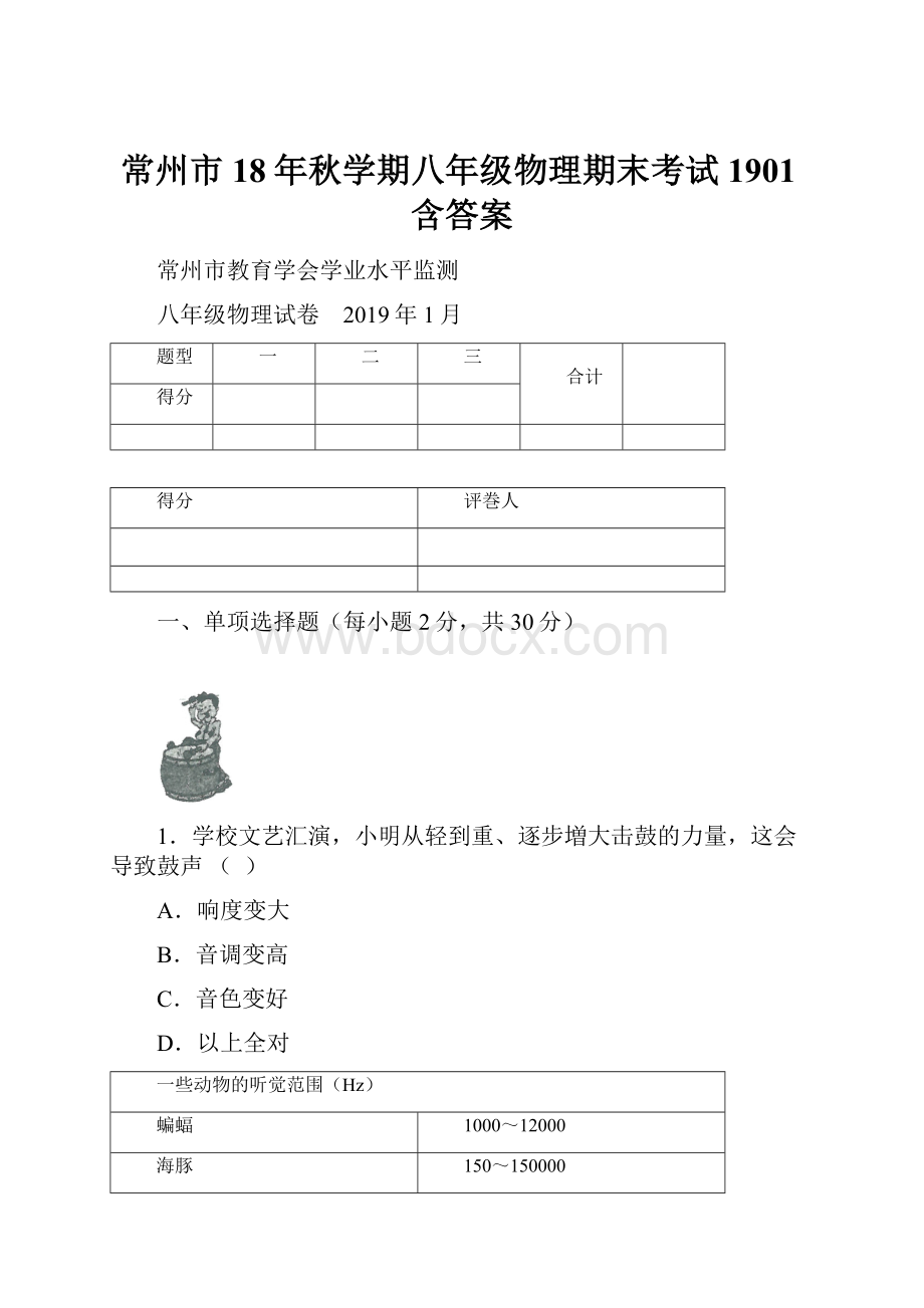 常州市18年秋学期八年级物理期末考试1901含答案.docx_第1页