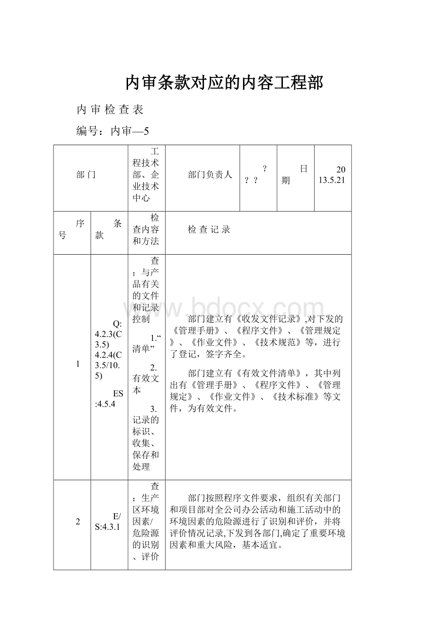 内审条款对应的内容工程部.docx