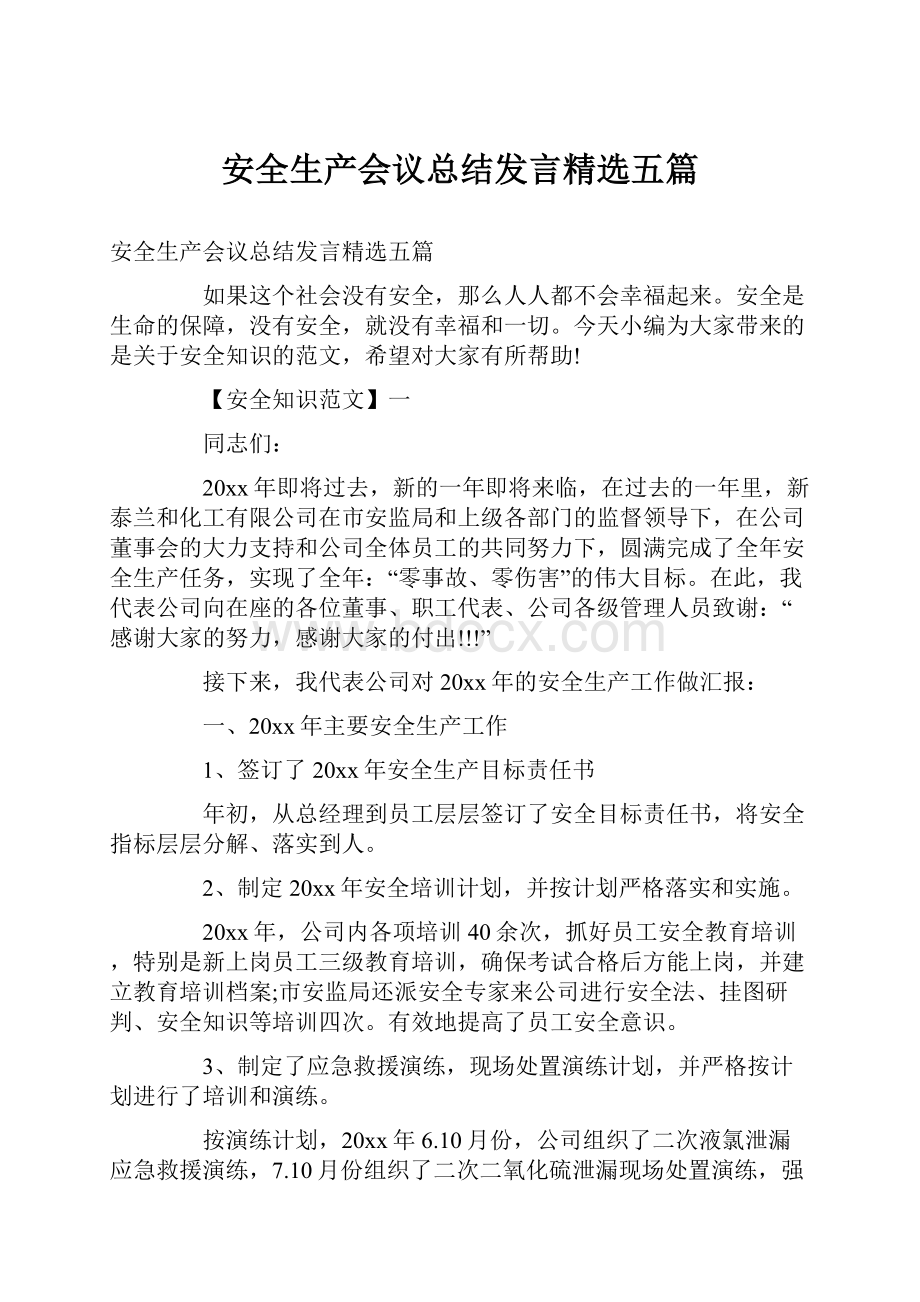 安全生产会议总结发言精选五篇.docx