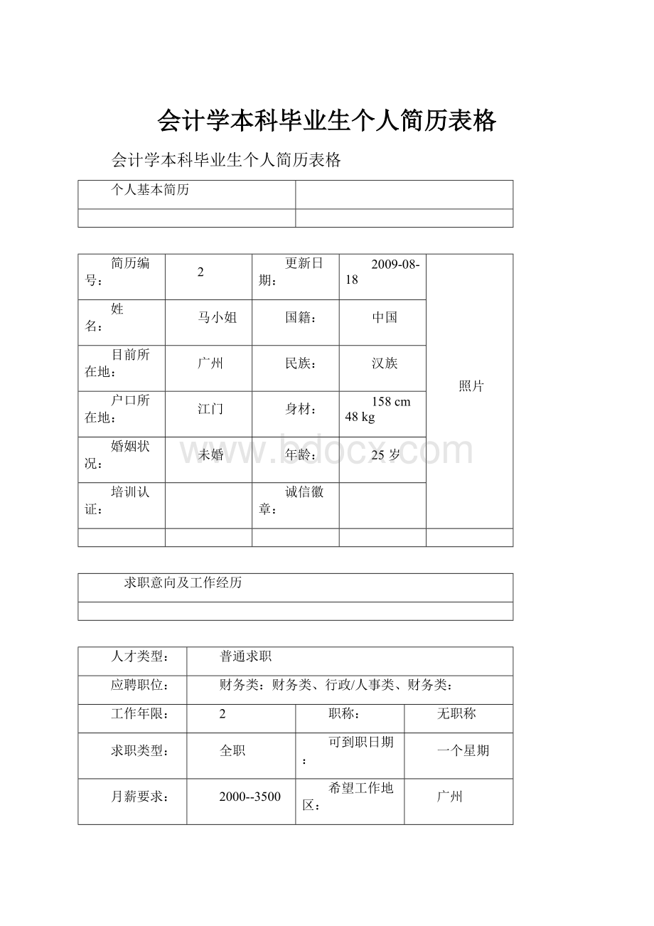 会计学本科毕业生个人简历表格.docx_第1页