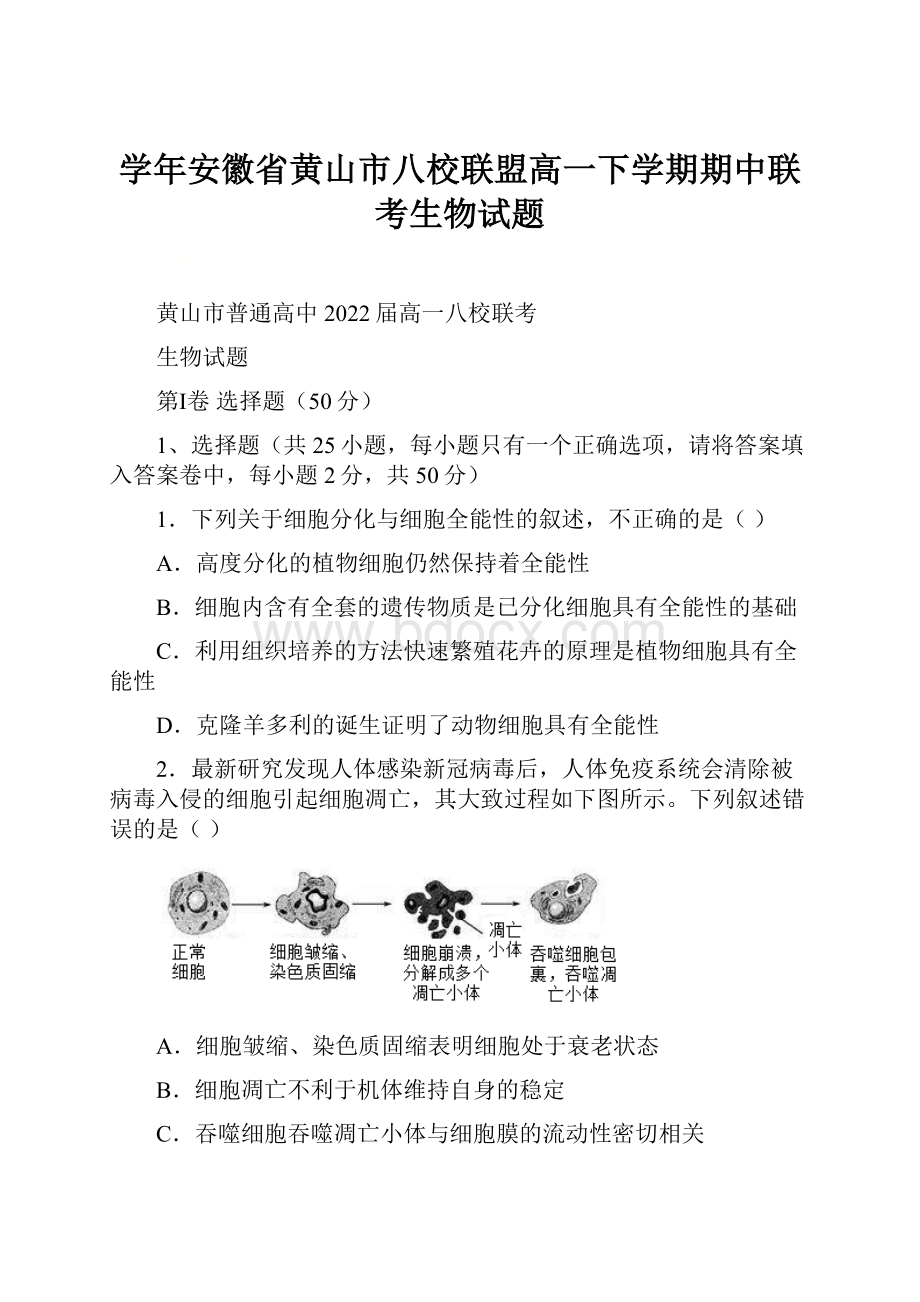 学年安徽省黄山市八校联盟高一下学期期中联考生物试题.docx