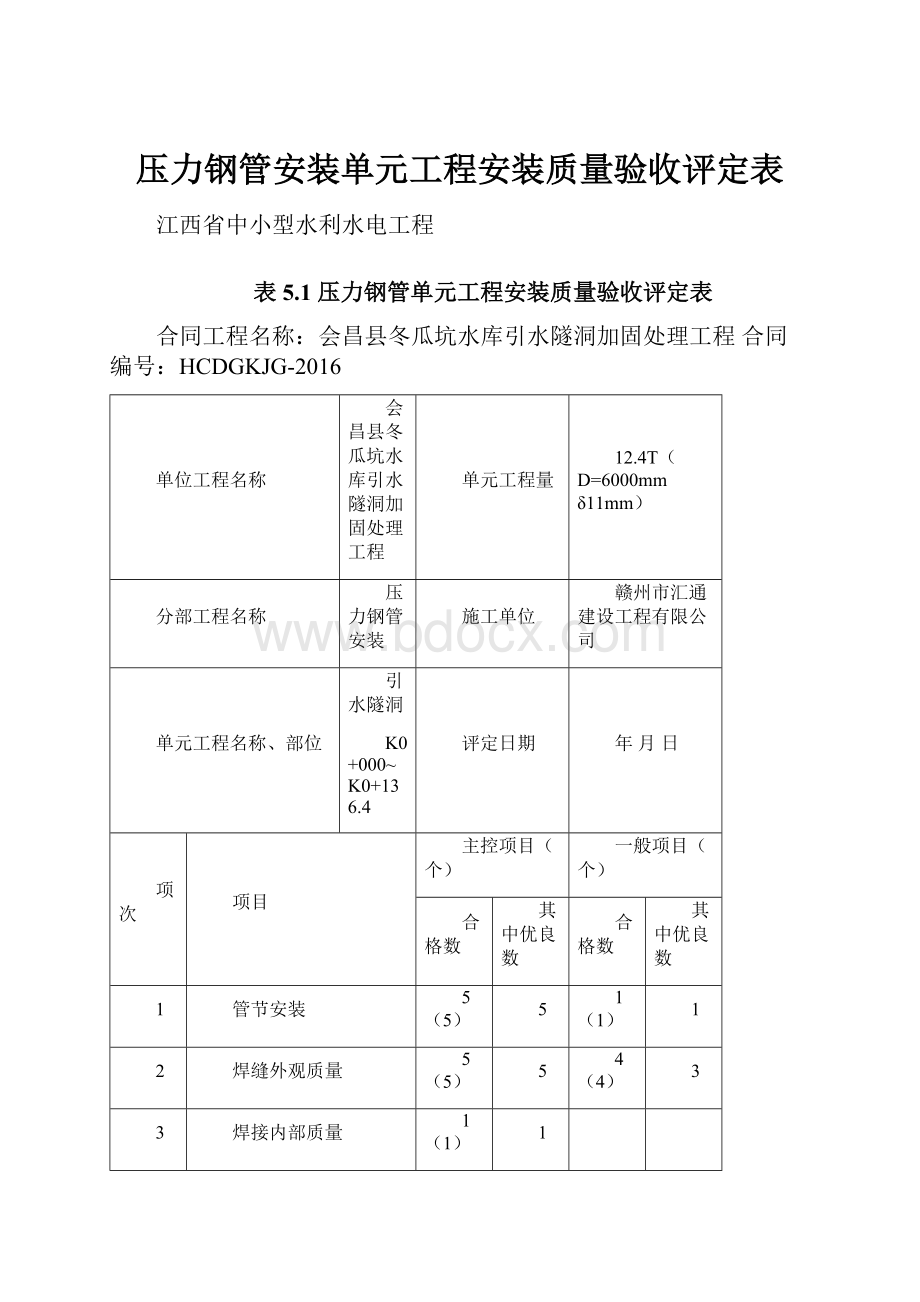 压力钢管安装单元工程安装质量验收评定表.docx_第1页