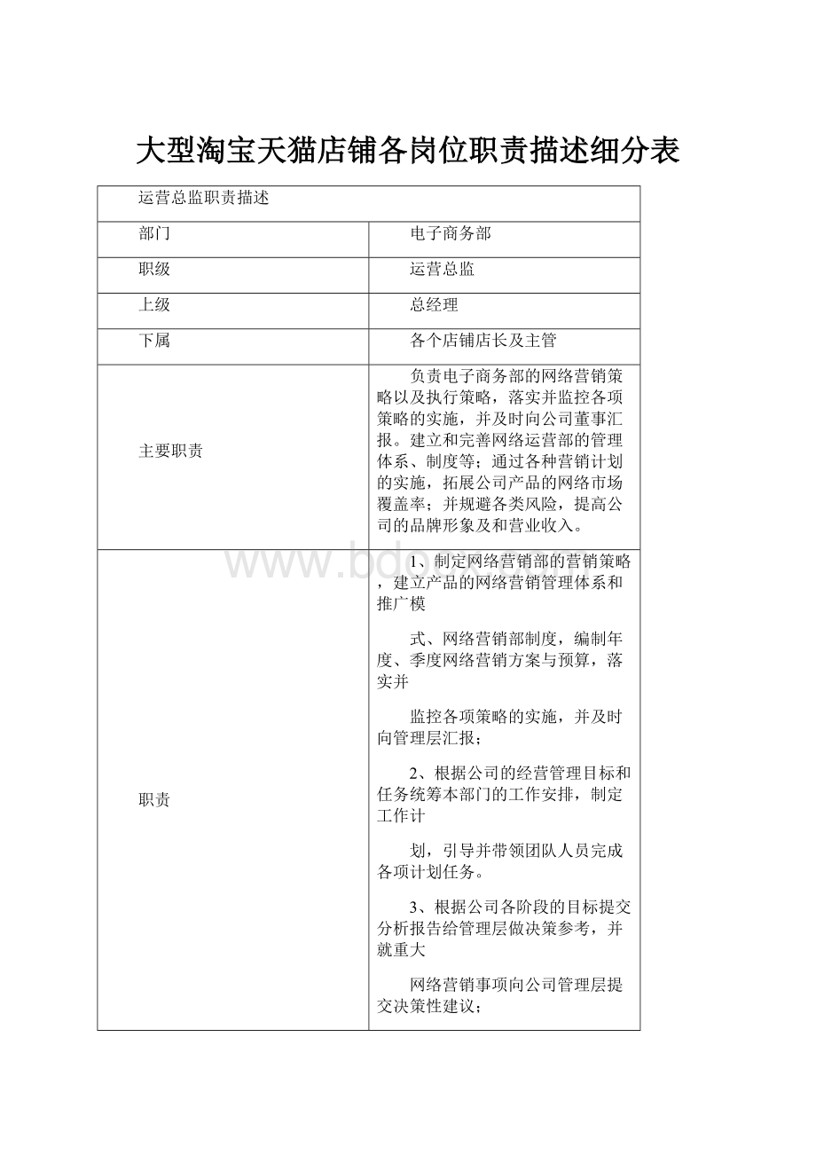 大型淘宝天猫店铺各岗位职责描述细分表.docx_第1页