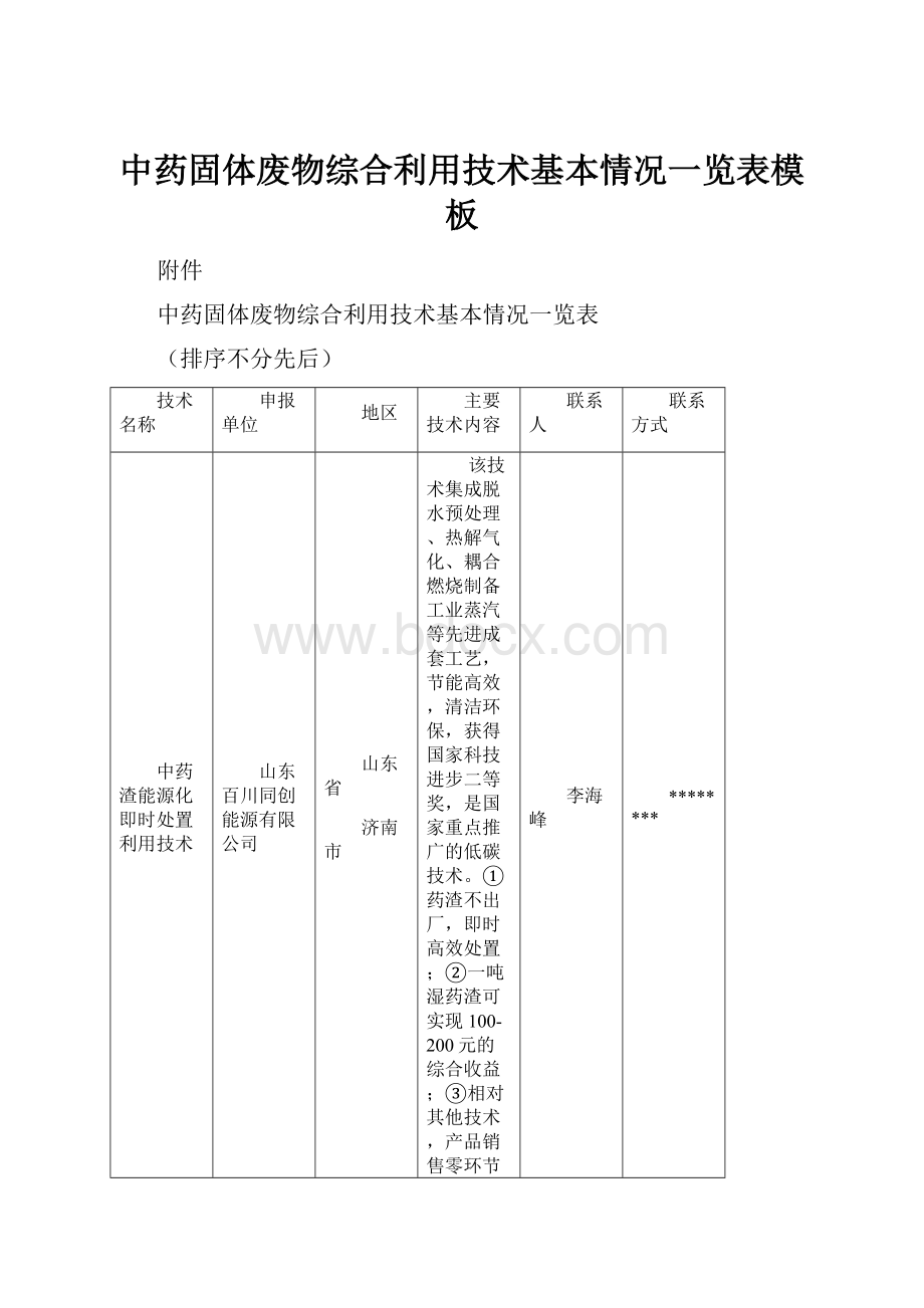 中药固体废物综合利用技术基本情况一览表模板.docx