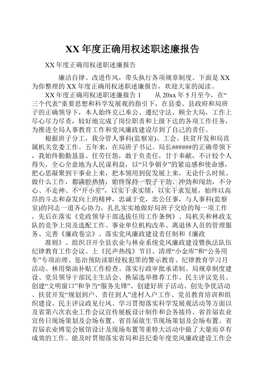 XX年度正确用权述职述廉报告.docx