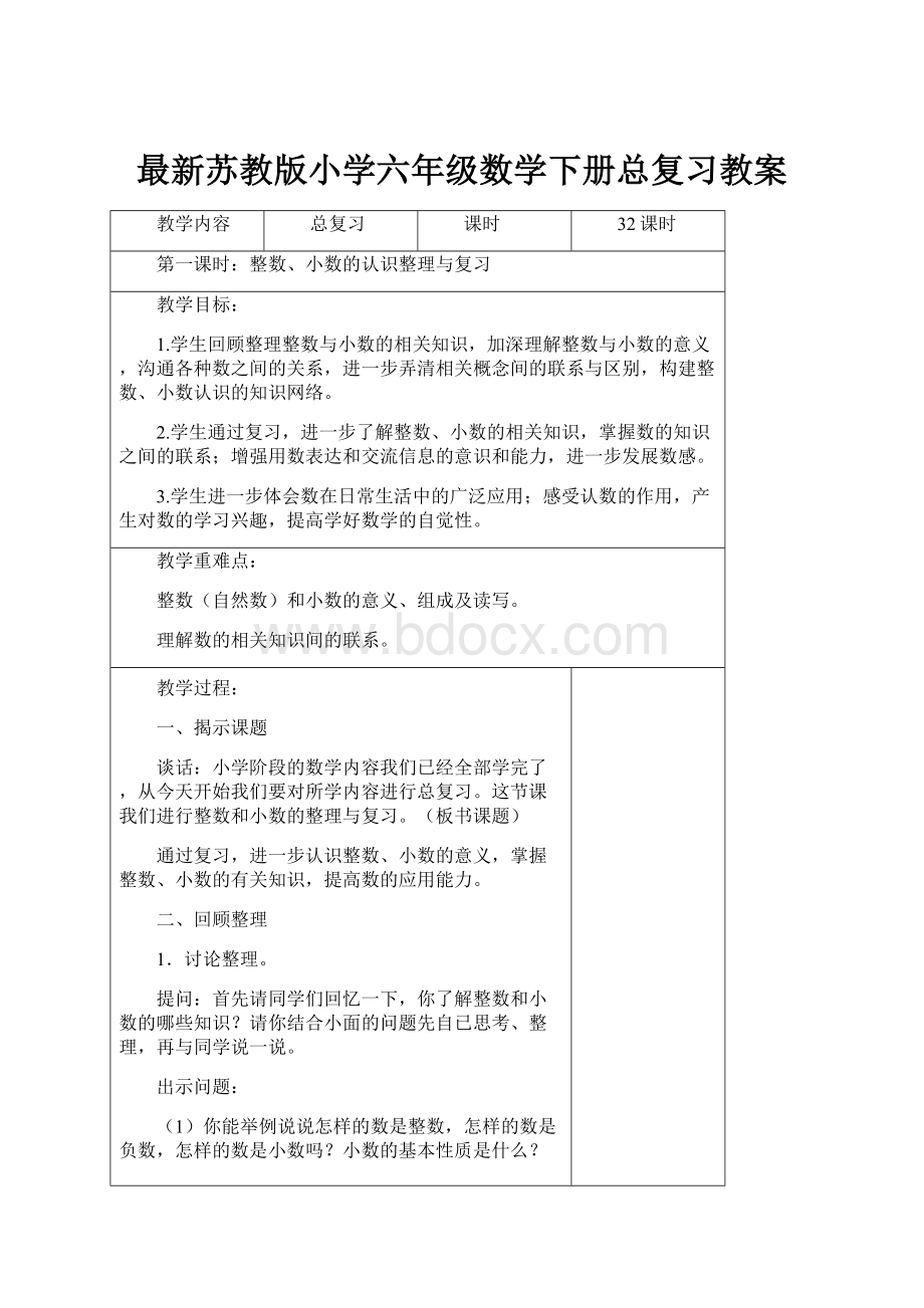 最新苏教版小学六年级数学下册总复习教案.docx