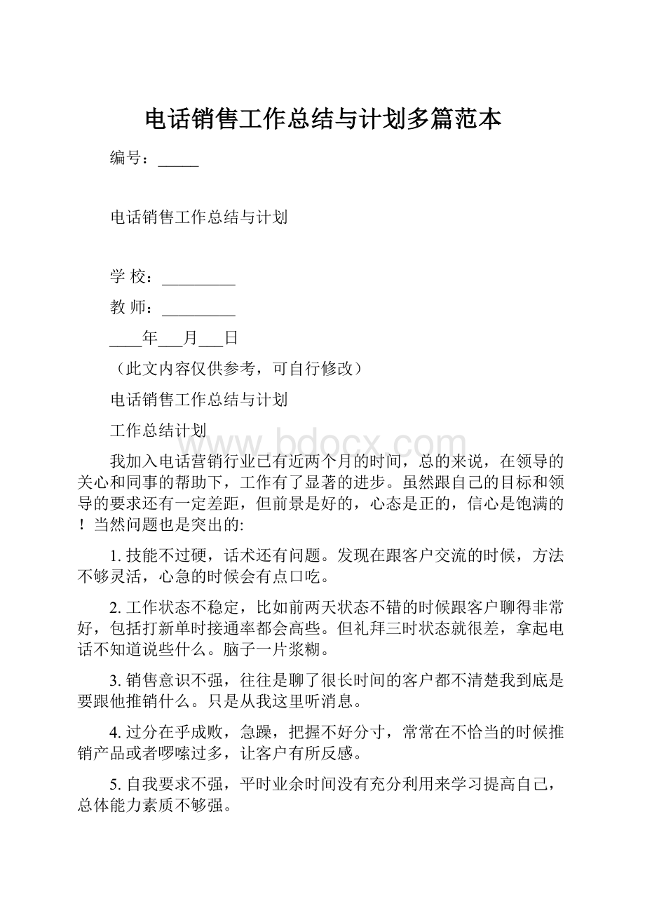 电话销售工作总结与计划多篇范本.docx