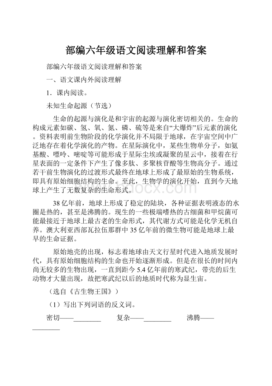 部编六年级语文阅读理解和答案.docx