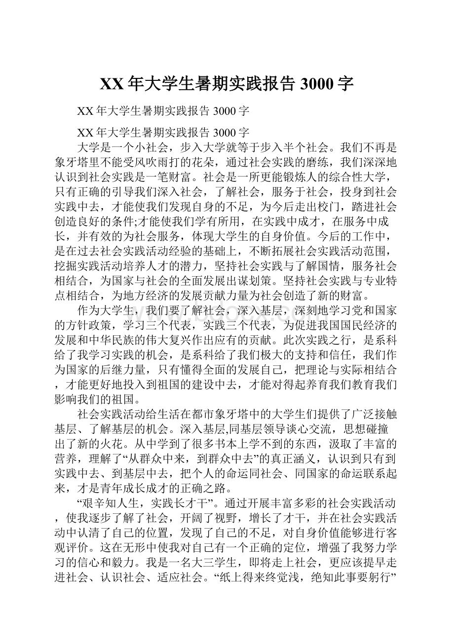 XX年大学生暑期实践报告3000字.docx_第1页