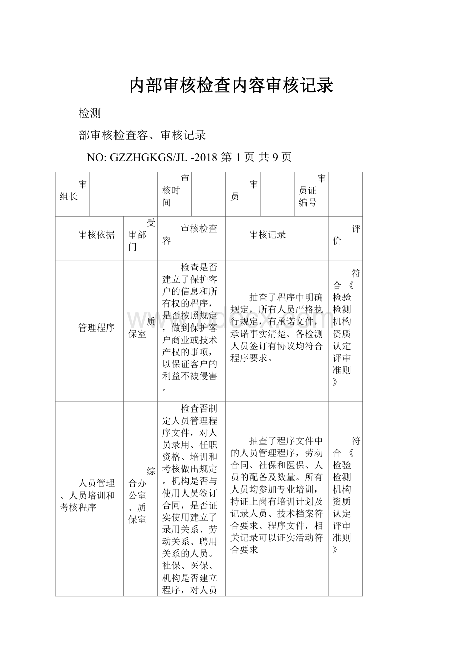 内部审核检查内容审核记录.docx_第1页