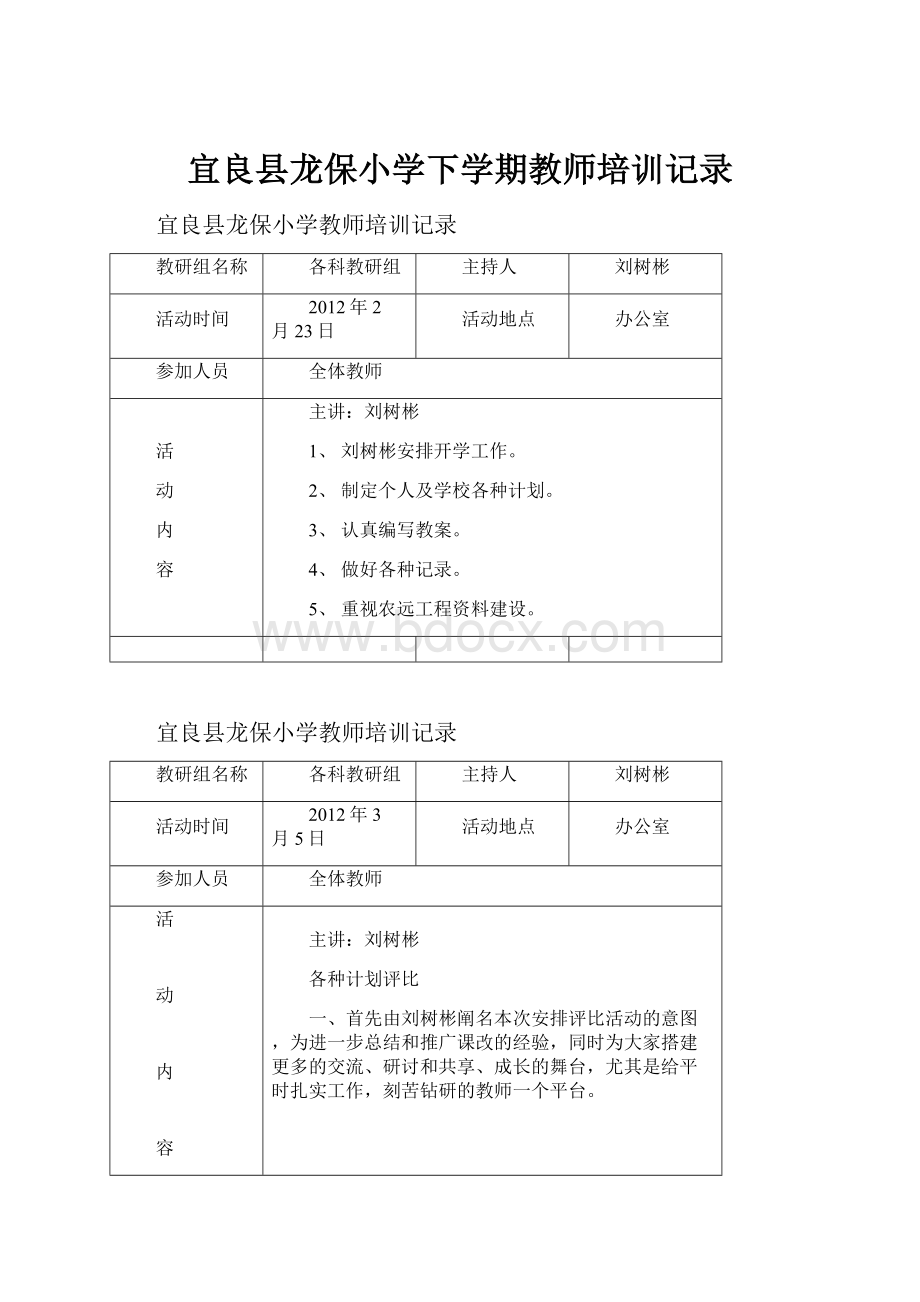 宜良县龙保小学下学期教师培训记录.docx_第1页