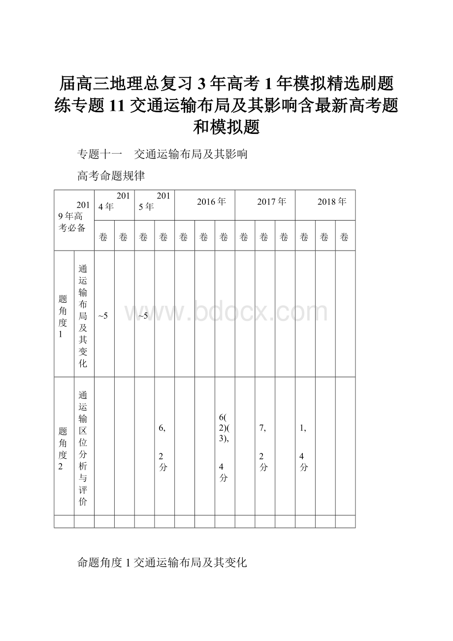 届高三地理总复习3年高考 1年模拟精选刷题练专题11 交通运输布局及其影响含最新高考题和模拟题.docx