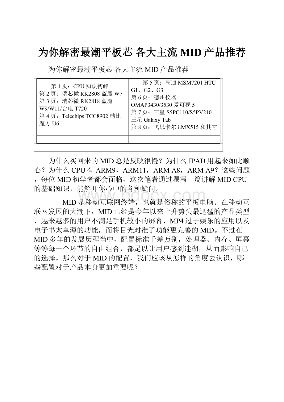 为你解密最潮平板芯 各大主流MID产品推荐.docx