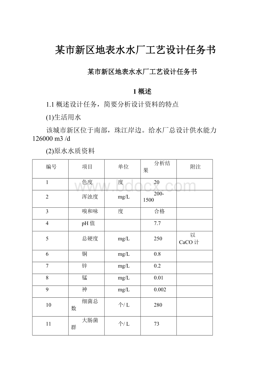 某市新区地表水水厂工艺设计任务书.docx_第1页