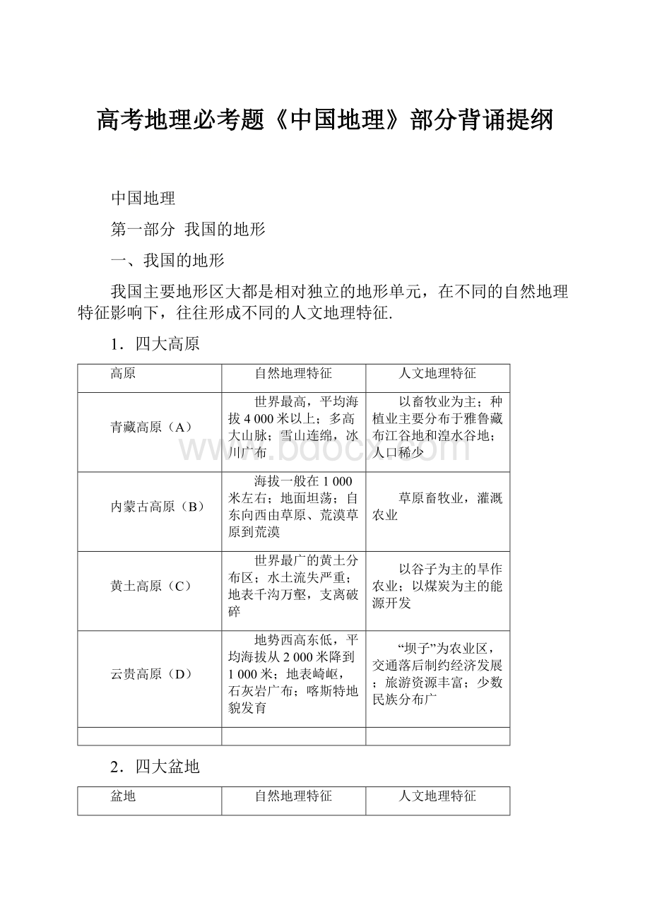 高考地理必考题《中国地理》部分背诵提纲.docx