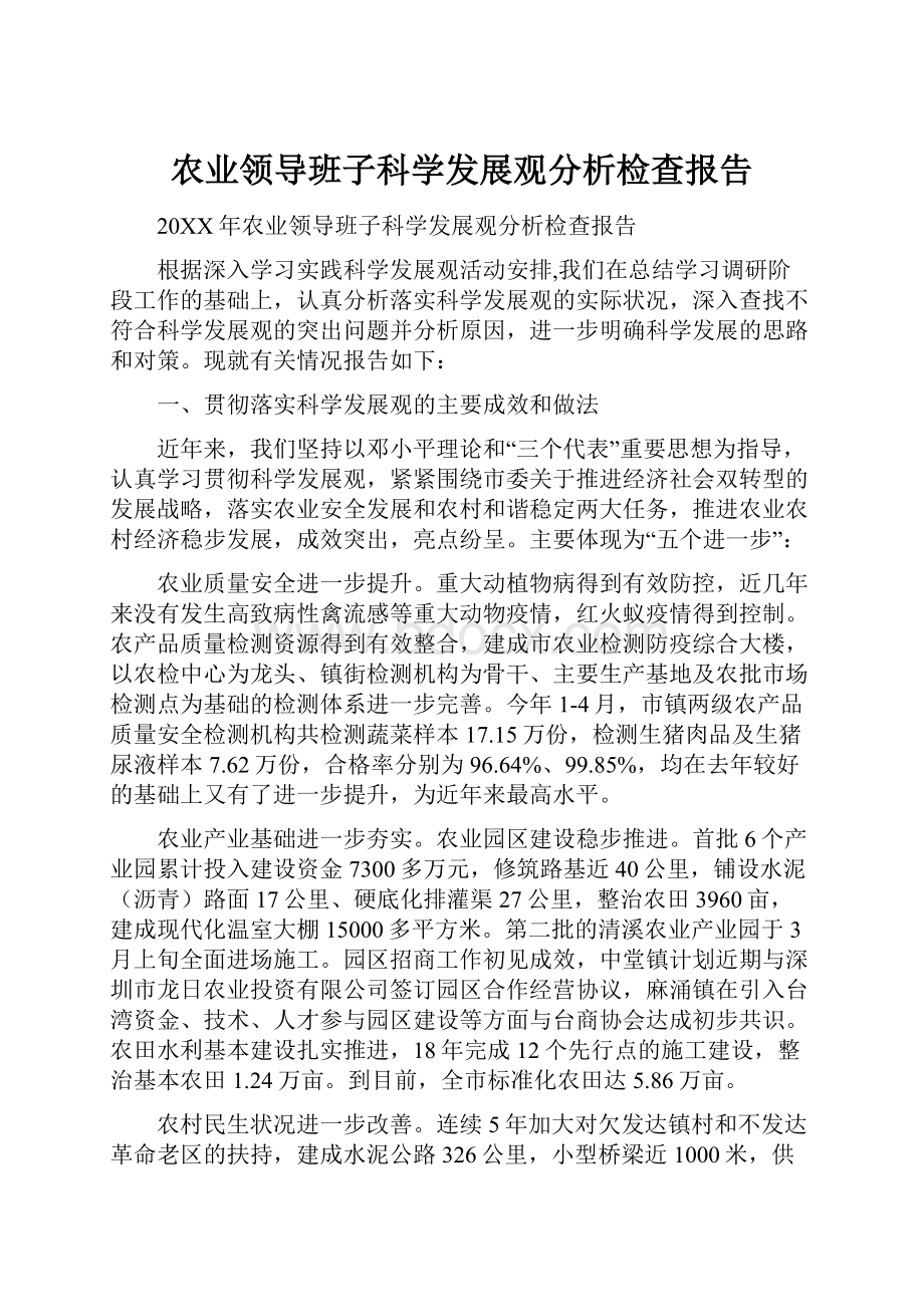 农业领导班子科学发展观分析检查报告.docx