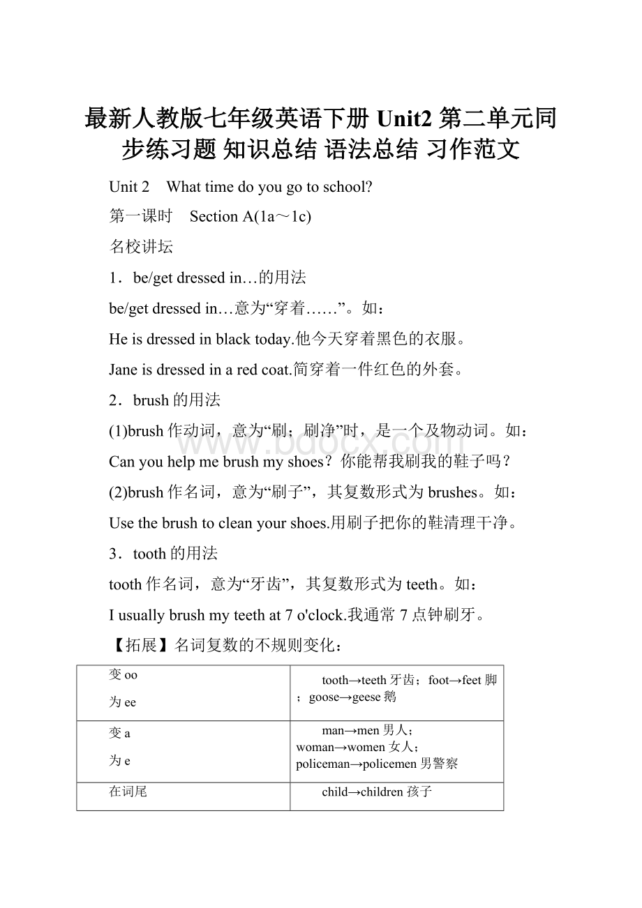 最新人教版七年级英语下册Unit2 第二单元同步练习题 知识总结 语法总结 习作范文.docx